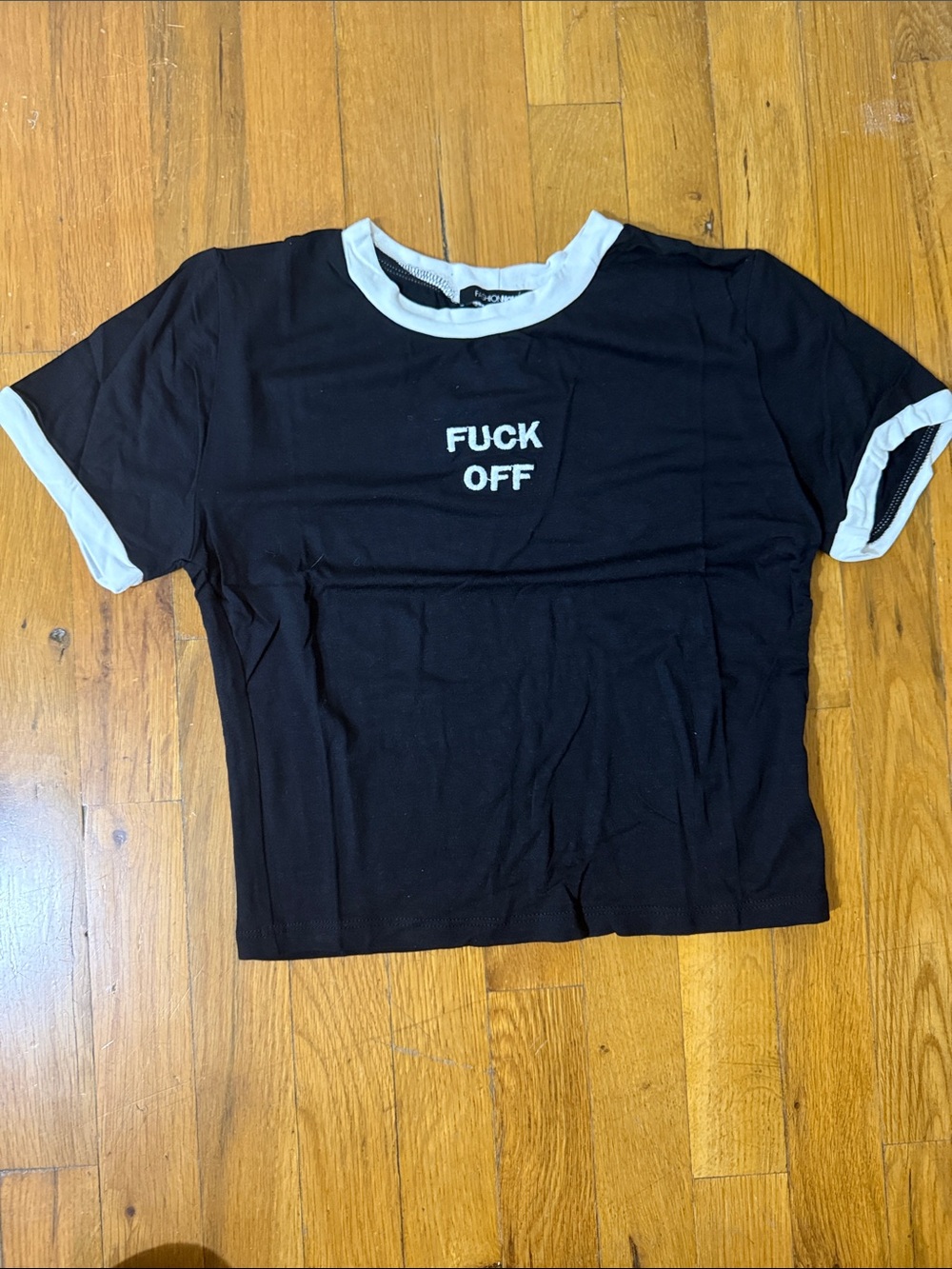 NWT Fashion Nova Black & White Ringer Tee with Embroidered Text Crop Shirt